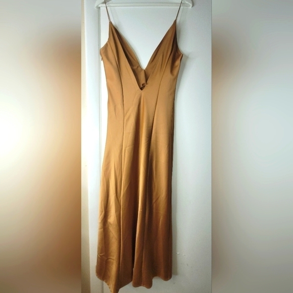 ZARA LONG SATIN EFFECT MIDI DRESS IN COPPER BROWN SIZE S. - Picture 5 of 15